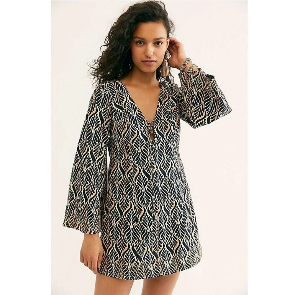 Free People Gia Shift Printed Mini Dress Bell Sleeve Lace-up 70s Bohemian size S